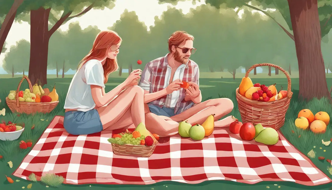 Casal jovem em um parque ensolarado segurando pincéis coloridos diante de uma tela em branco, cercado por árvores.