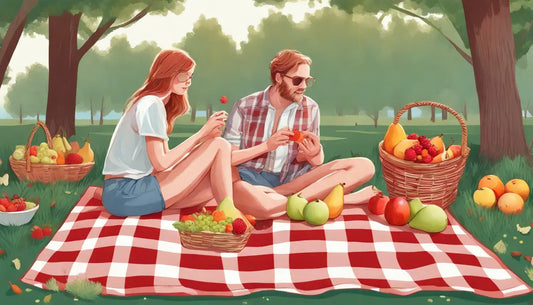 Casal jovem em um parque ensolarado segurando pincéis coloridos diante de uma tela em branco, cercado por árvores.