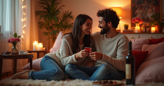 Casal sorrindo e brincando juntos em sala iluminada, com ambiente aconchegante e decoração romântica