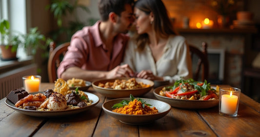Casal compartilhando alimentos afrodisíacos em mesa iluminada, ambiente acolhedor e romântico