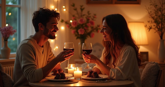 Casal sentado à mesa com chocolates afrodisíacos e velas em ambiente romântico