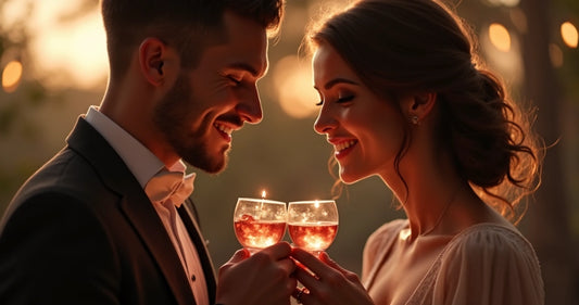 Casal em um ambiente íntimo brincando com chocolates e vendados, criando clima aconchegante e sensual