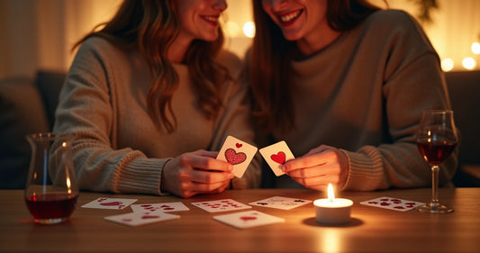 Casal sentado à mesa jogando cartas românticas com bebidas e velas ao redor