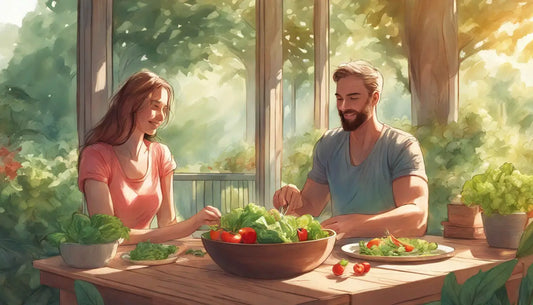 Casal preparando salada com vegetais frescos e ervas em uma mesa de madeira em um jardim ensolarado.