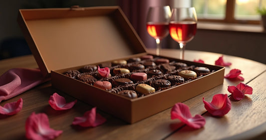 Caixa aberta com chocolates afrodisíacos em formato elegante sobre mesa decorada para noite romântica