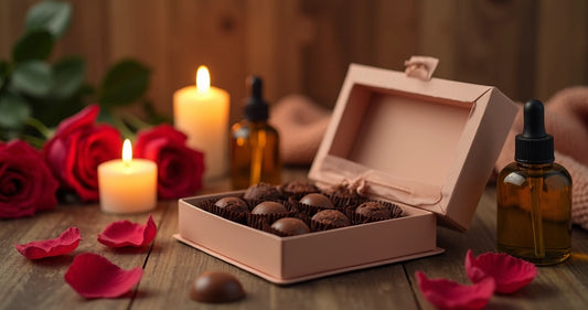 Caixa de presente com chocolates afrodisíacos, velas acesas e decoração romântica em ambiente intimista
