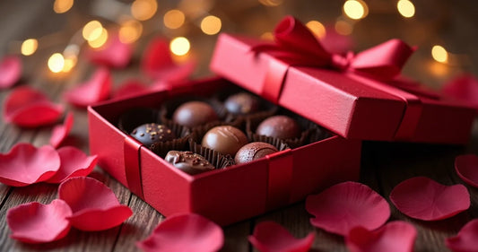 Kit surpresa para noite especial a dois com chocolates, velas e pétalas de rosa em caixa elegante