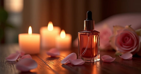 Frasco de lubrificante íntimo aberto ao lado de velas acesas e pétalas de rosa sobre superfície de madeira escura