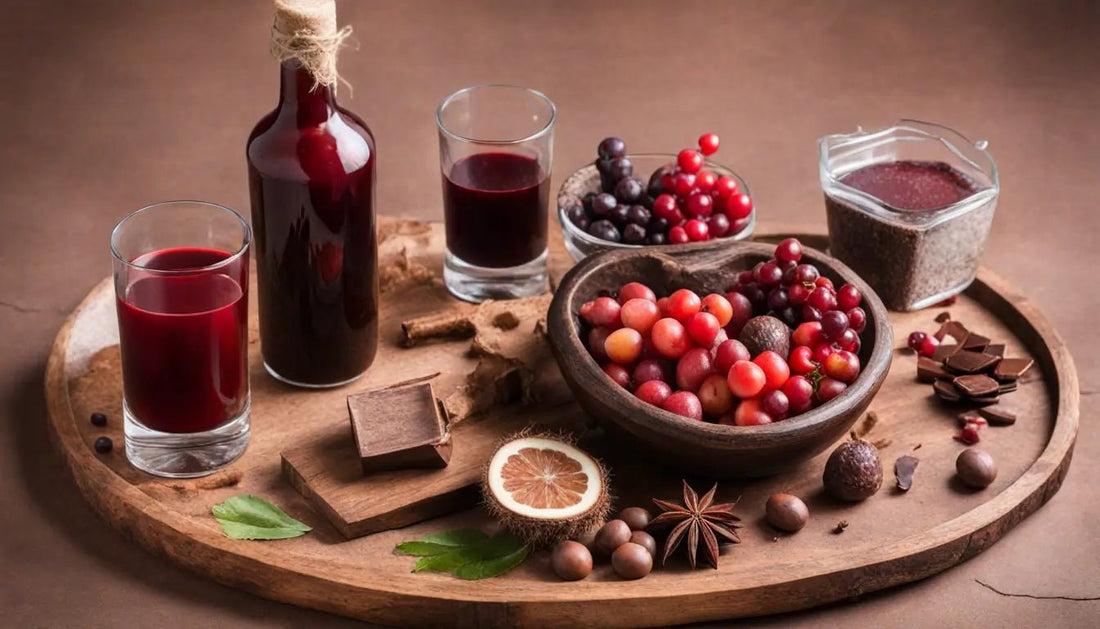 Imagem de uma mesa de madeira rústica com diversos afrodisíacos naturais como morangos, chocolate, mel, ostras, vinho tinto, uvas e pimentas vermelhas.