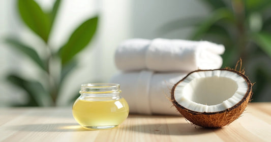Frasco de vidro com óleo de coco ao lado de um coco aberto, sobre superfície clara e ambiente relaxante