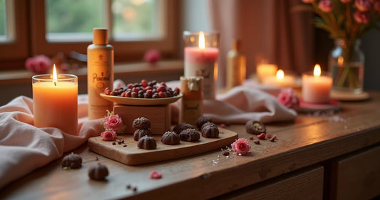 Mesa com presentes sensuais para casal, incluindo chocolates afrodisíacos, velas e kit para momentos a dois