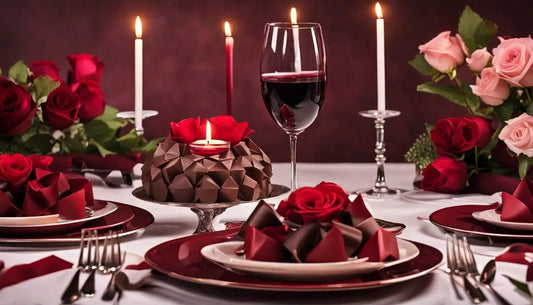 Mesa de jantar romântica com taças de vinho tinto, bombons de chocolate em forma de coração, velas acesas e um buquê de rosas vermelhas.