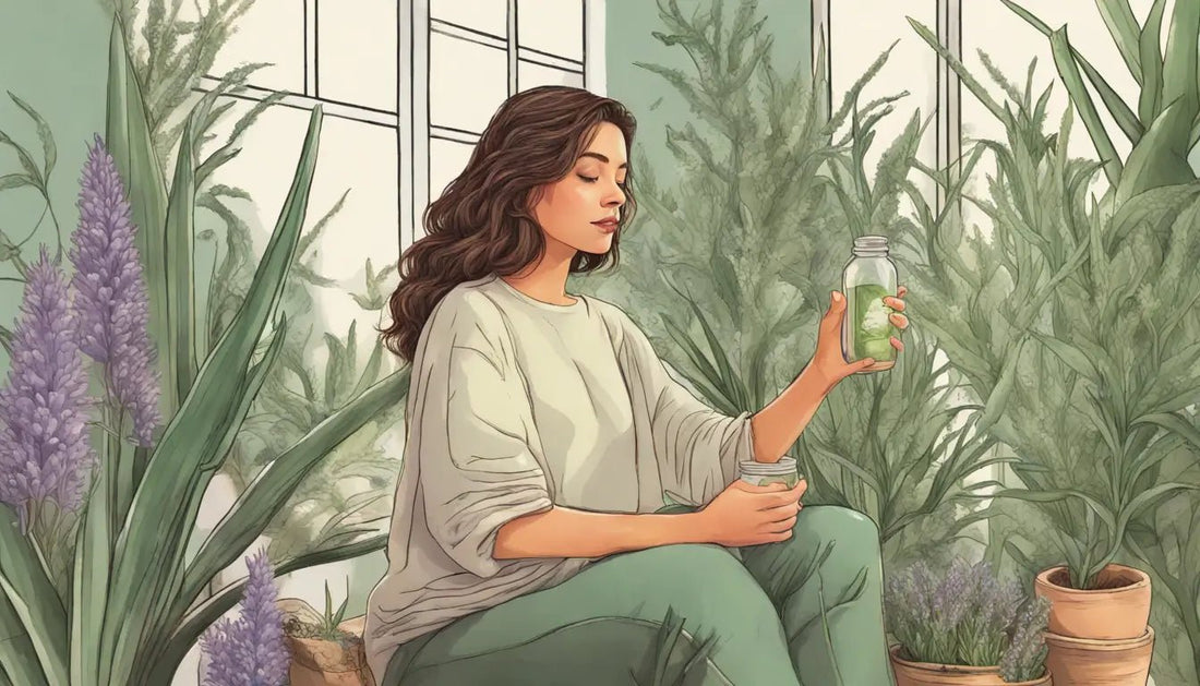 Mulher em ambiente natural com plantas de aloe vera, camomila e lavanda, segurando jarra de vidro com líquido verde, representando saúde íntima.