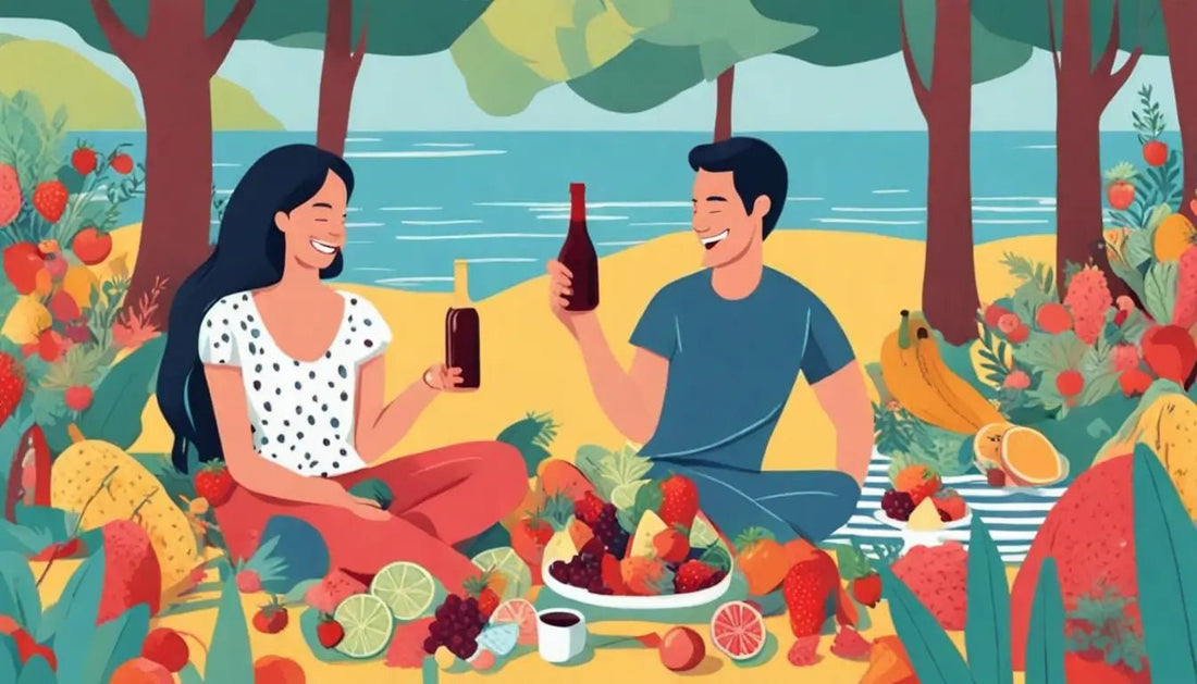 Casal sorridente fazendo piquenique romântico no parque com flores, frutas frescas, vinho e céu azul, destacando ideias para sair da rotina no relacionamento.