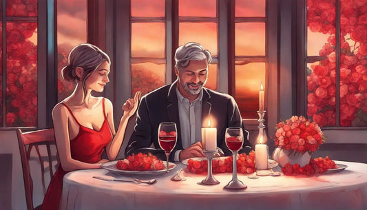 Casal sorrindo em um jantar romântico à luz de velas, com flores e vinho, ilustrando como apimentar o relacionamento.