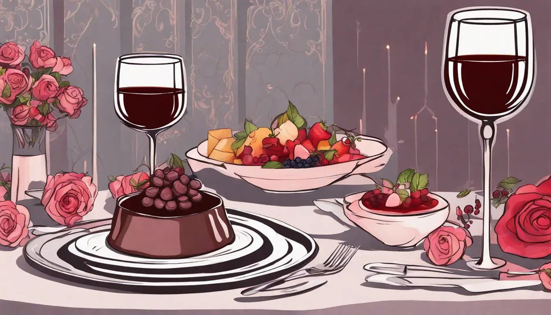 Mesa de jantar romântica com fondue de chocolate, frutas, vinho tinto, velas e pétalas de rosas vermelhas em restaurante elegante.