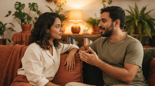 Casal conversando no sofa