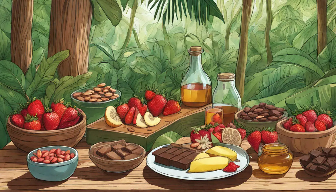 Frutas, chocolate e vinho sobre mesa de madeira, iluminados por velas, destacando afrodisíacos naturais.