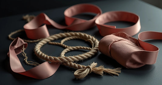 Acessórios eróticos para BDSM sobre superfície escura, incluindo algemas, fitas de cetim, venda e cordeletes organizados com cuidado 