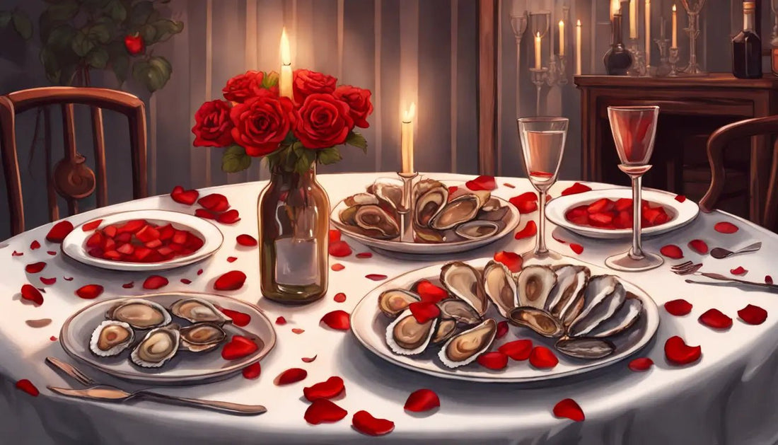 Jantar romântico com mesa para dois decorada com pétalas de rosa vermelhas, velas, vinho, ostras e morangos cobertos de chocolate em ambiente íntimo e aconchegante.