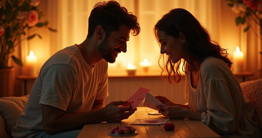 Casal trocando cartas românticas à luz de velas em ambiente acolhedor e intimista 