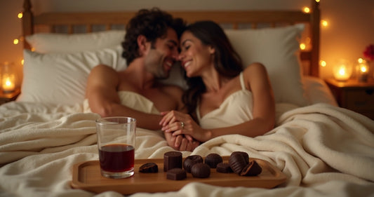 Casal abraçado na cama com chocolates ao lado 