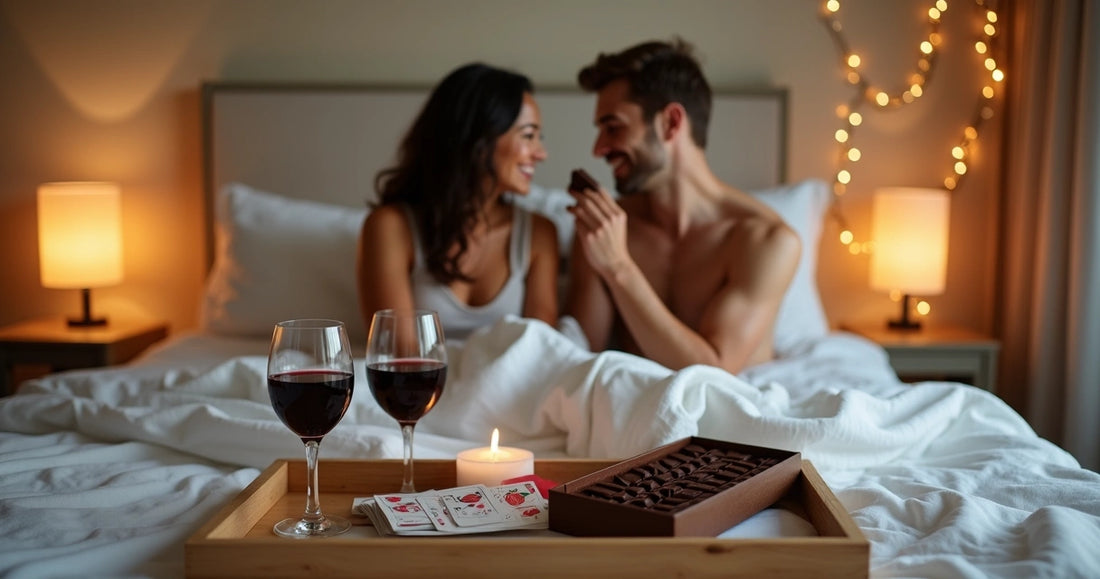 Casal sorridente na cama compartilhando chocolate afrodisíaco 