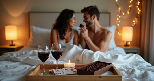 Casal sorridente na cama compartilhando chocolate afrodisíaco 