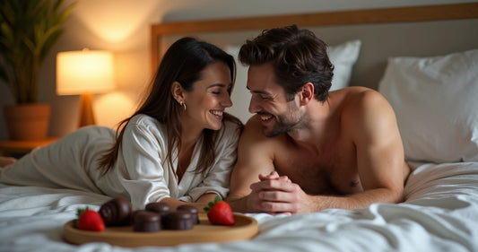 Casal deitado na cama sorrindo com chocolates e morangos ao lado 