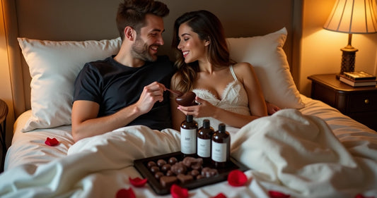 Casal sorrindo em cama decorada com chocolates e pétalas de rosa 
