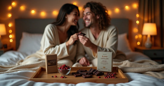 Casal sorrindo em clima romântico saboreando chocolate em cama arrumada com decoração íntima 
