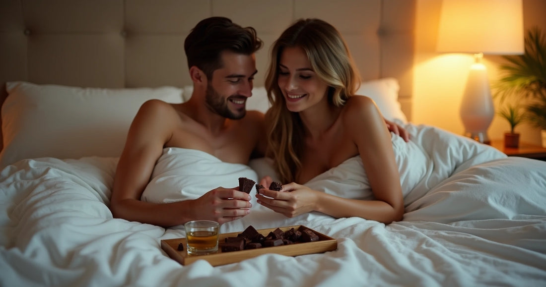 Casal deitado na cama compartilhando chocolate em clima de intimidade e carinho 