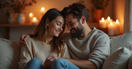 Casal conversando com expressão tranquila e ambiente íntimo e acolhedor 