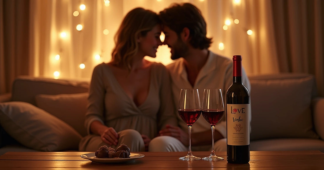 Casal sorrindo e se abraçando, com taças de vinho e chocolates Love sobre a mesa em ambiente acolhedor 