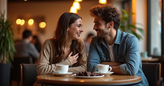 Casal em café trocando olhares e pegando juntos um pedaço de chocolate 