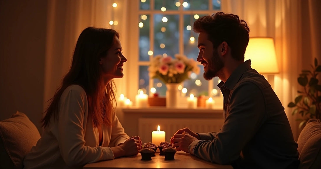 Casal sentado à mesa, conversando com sorrisos e ambiente iluminado por velas e luz suave 