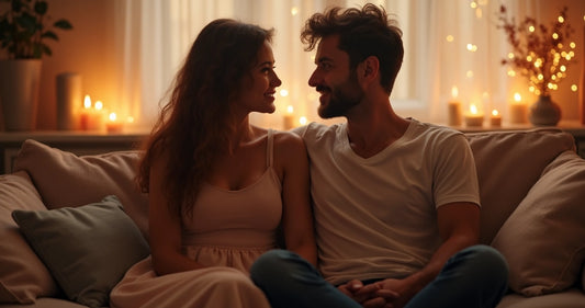Casal conversando em ambiente íntimo com iluminação suave e decoração aconchegante 