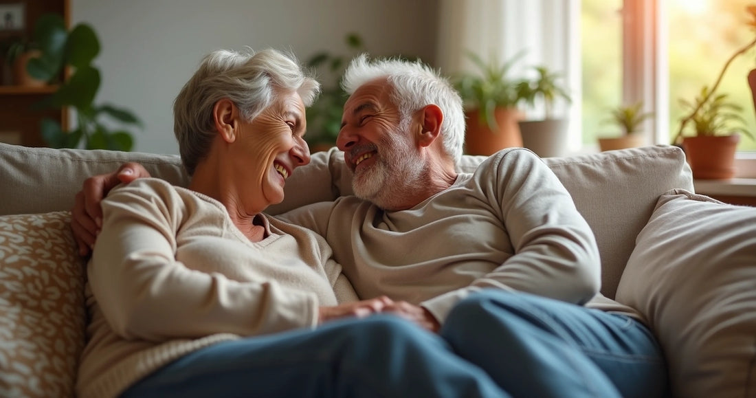 Casal sorrindo e conversando intimamente em ambiente acolhedor com luz suave 