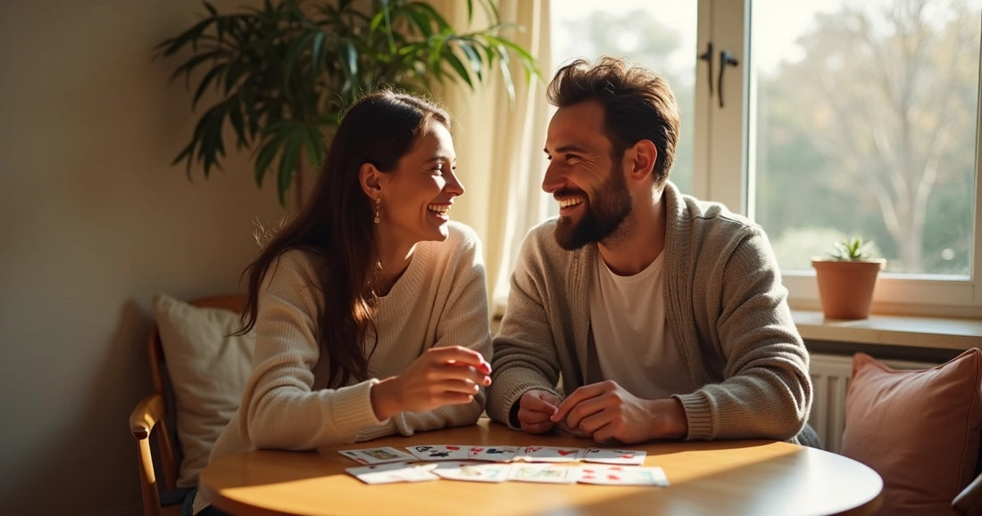 Casal sorridente conversando enquanto joga jogo de cartas em ambiente acolhedor e iluminado 