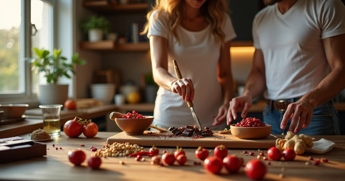 Casal cozinhando juntos alimentos afrodisíacos em cozinha moderna 