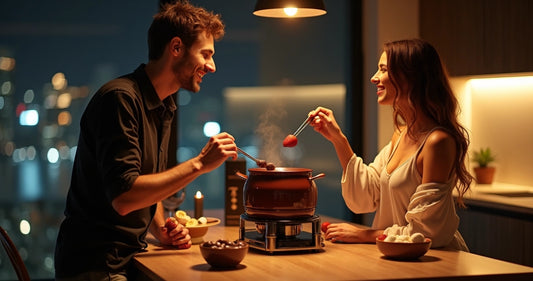 Casal preparando fondue de chocolate juntos na cozinha iluminada 