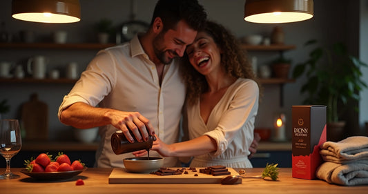 Casal preparando sobremesa de chocolate juntos em cozinha aconchegante 