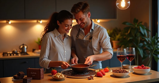 Casal jovem preparando sobremesa de chocolate juntos na cozinha 