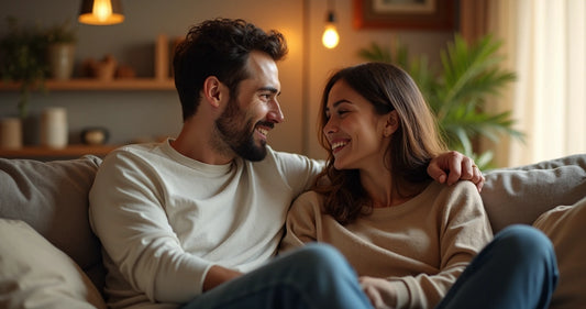 Casal sentado em sofá conversando de forma íntima e aberta em ambiente aconchegante iluminado 
