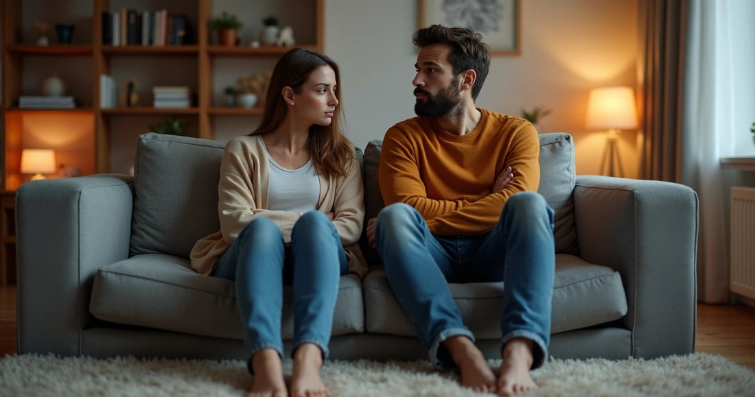 Casal sentado no sofá com expressão preocupada e distância entre eles em sala iluminada 