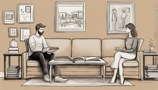 Homem e mulher sentados em extremidades opostas de um sofá em uma sala de estar, com um livro grande intitulado 'Marriage Therapy' na mesa de centro.