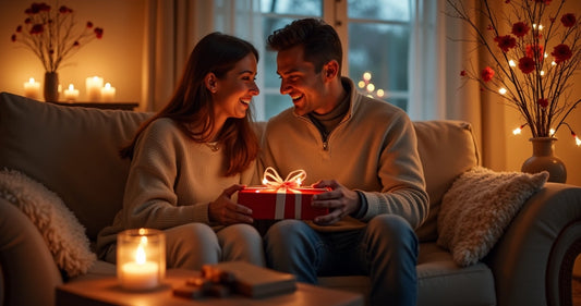 Casal sorridente trocando presentes em ambiente acolhedor com luz suave e decoração romântica 