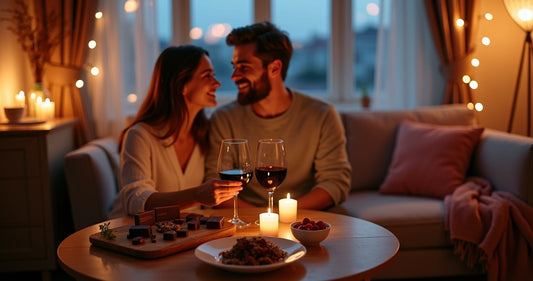 Casal brindando em jantar romântico com chocolates e velas sobre a mesa 