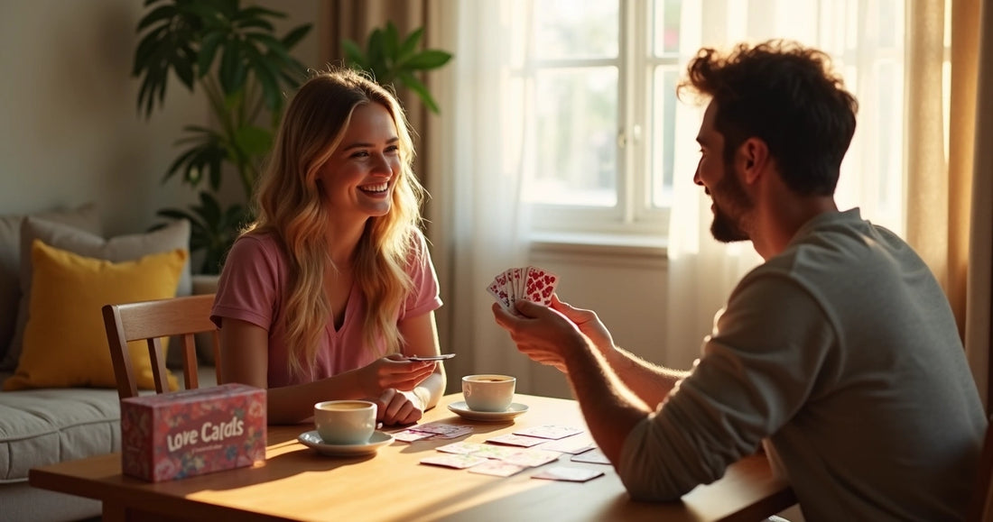 Casal sentado em uma mesa jogando cartas para casais e sorrindo, ambiente aconchegante e iluminado 