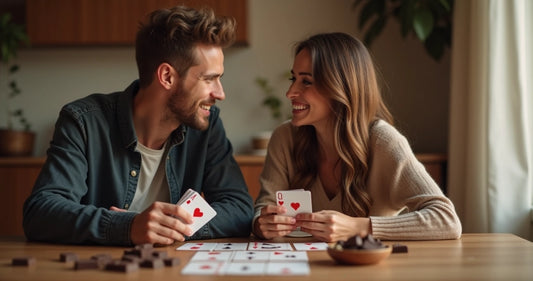 Casal sentado numa mesa de madeira jogando cartas Love Cards com chocolates ao redor 